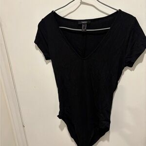 Forever 21 Black Short Sleeve V-Neck Ribbed Bodysuit